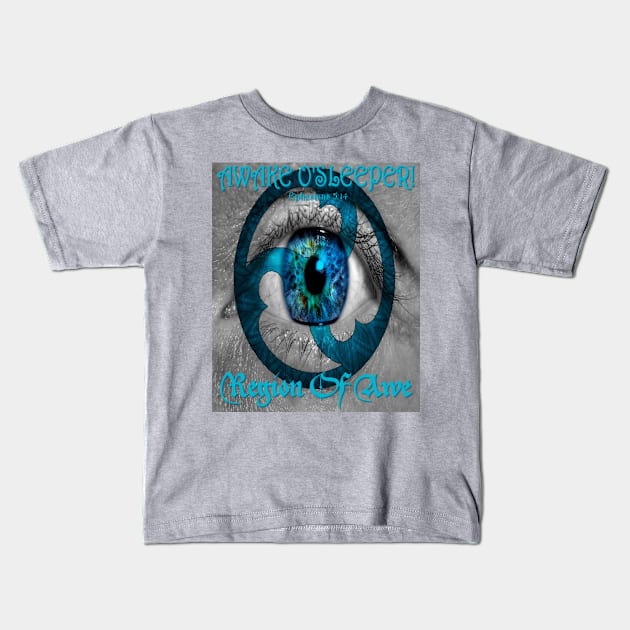 AWAKE&ARISESONGREGIONOFAWEBANDLOGOCOPYRIGHT2016OOPILLC Kids T-Shirt by regionofawe